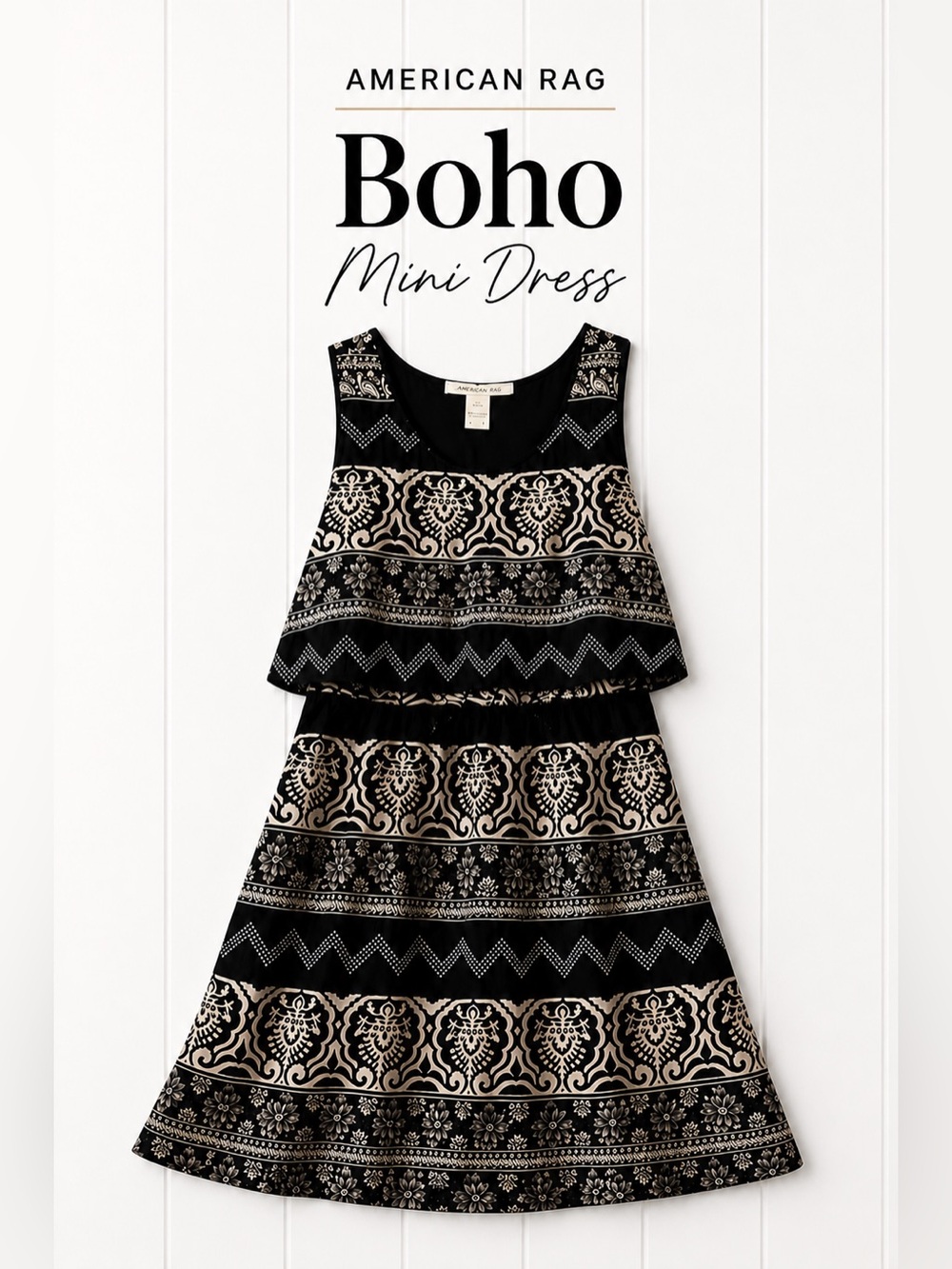 🤎 American Rag Boho Mini Dress Black White Tiered Festival Coachella